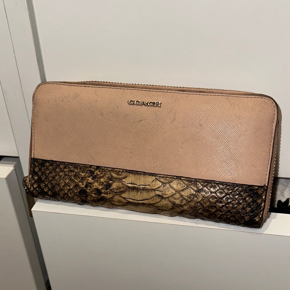 Coach Pink Zip Wallet with Brown Python-Texture Trim